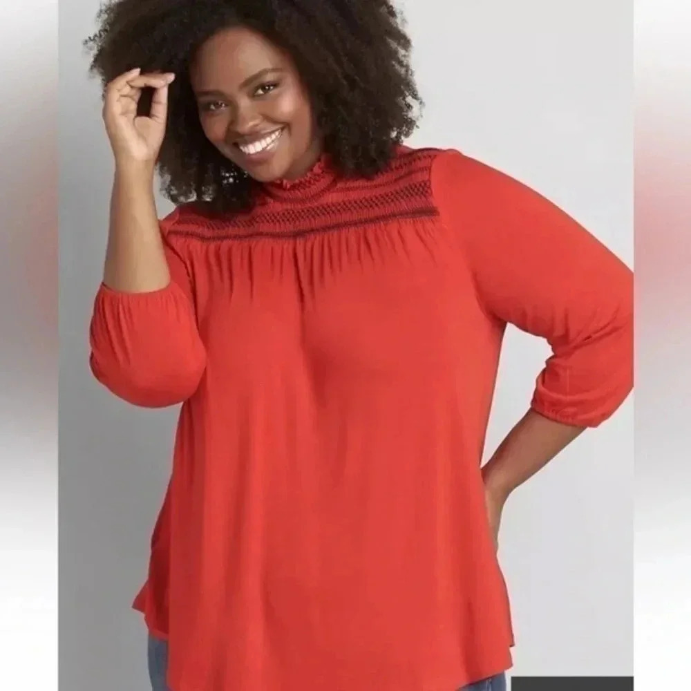 Lane Bryant Red Smocked Swing Long Sleeve Top Blouse Plus Size 18/20